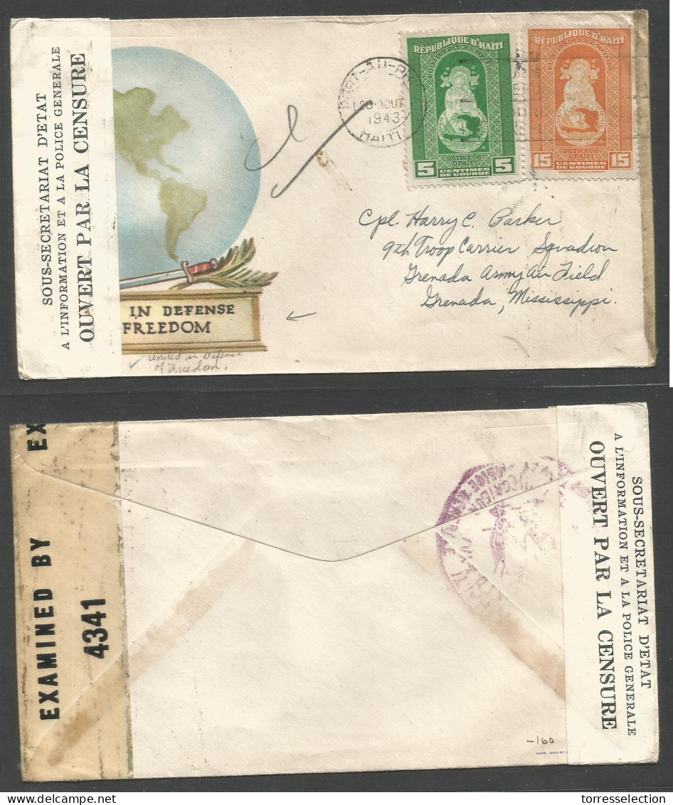 HAITI. 1943 (28 Aug). P. Prince - USA, Grenada, Mississippi. Color Illustrated Politica Envelope. Multifkd + Dual Censor - Haïti