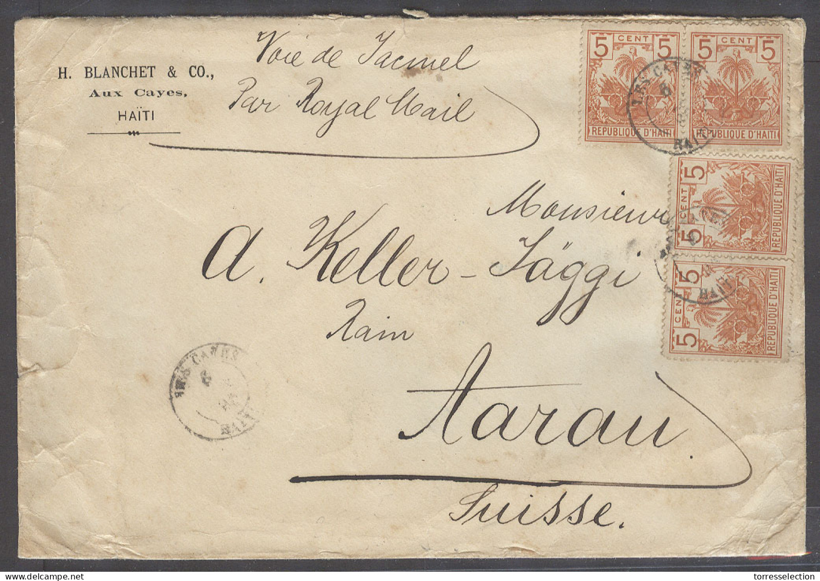 HAITI. 1896 (6 Nov). Les Cayes - Switzerland (26 Nov). Multifkd Env 5c Orange X4 Palm Issue Cds. Via Jacmel / Royal Mail - Haïti