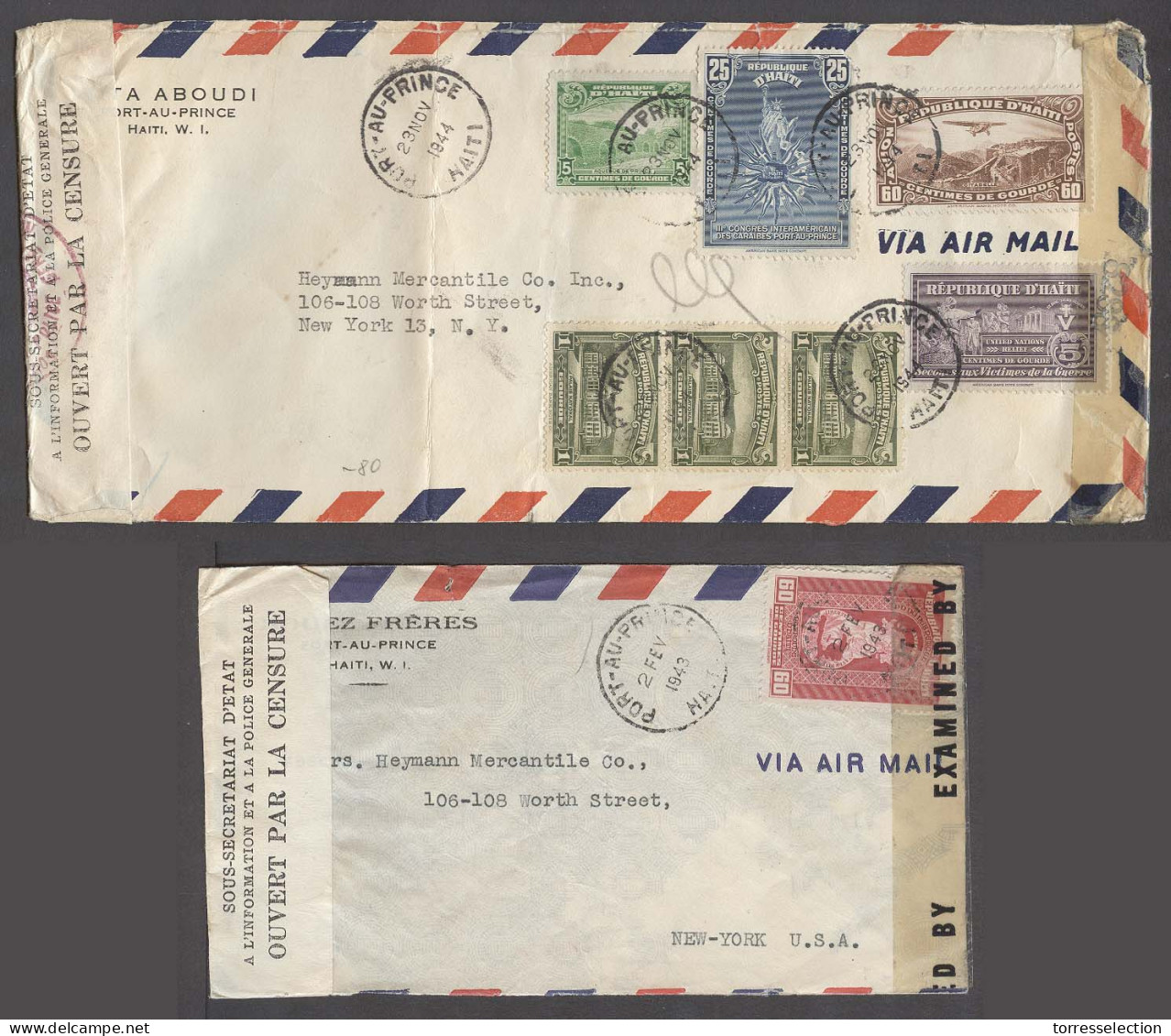 HAITI. 1943-4. P An Prince - USA. 2x Air Doble Censored Multifkd Env. High Rates. - Haïti