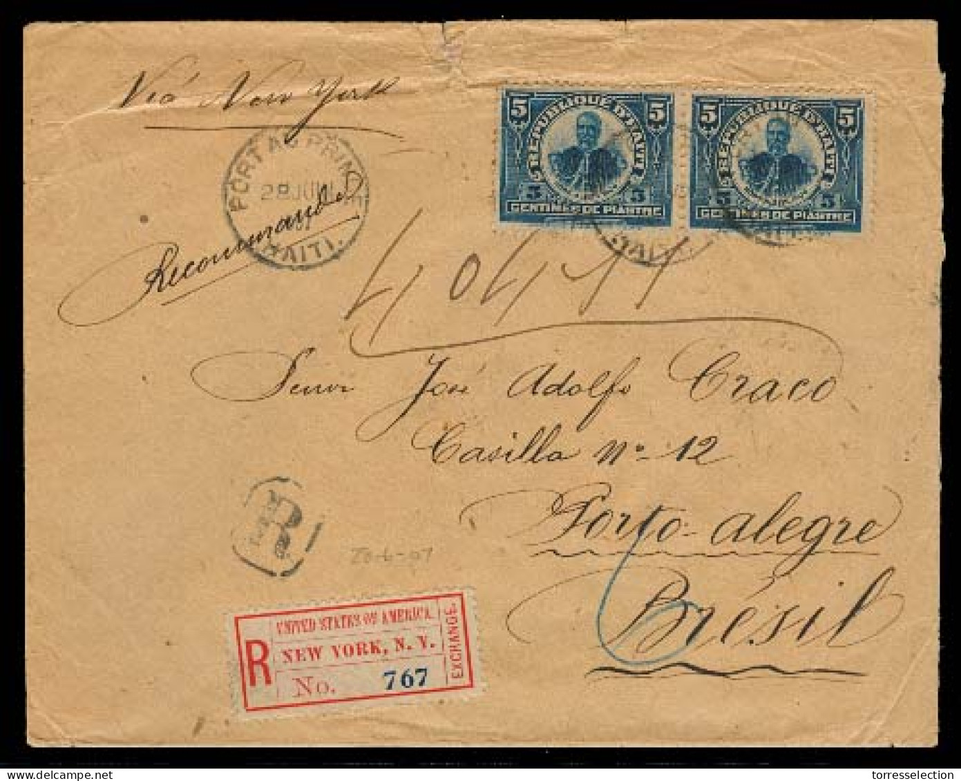 HAITI. 1907 (28 June). P Prnce - Brazil / Porto Alegre (17 Ago). Reg Fkd Env. Via NY. VF + Rare Dest. - Haïti