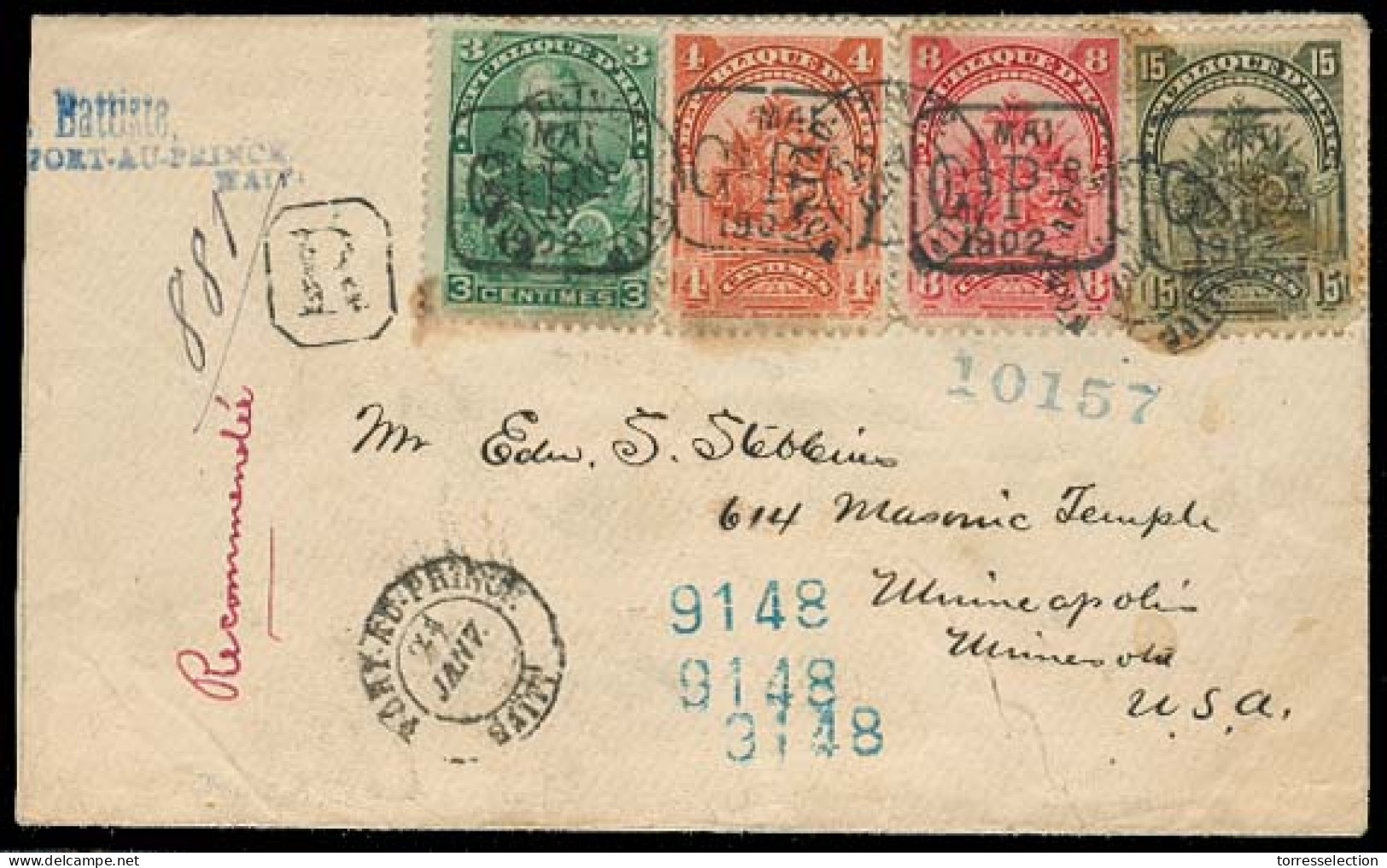 HAITI. 1903 (21 Jan). P.Prince - USA. Registered Multifkd Env. 1902 Ovptd Issue. Fine. - Haïti