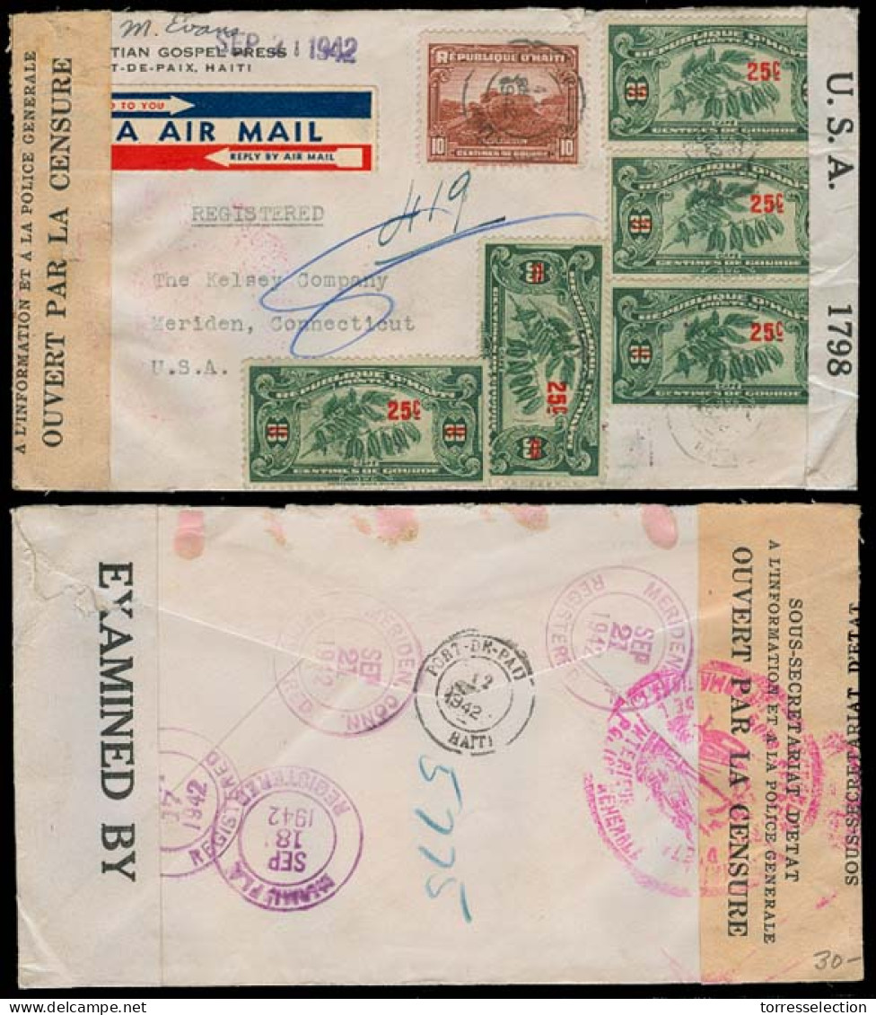 HAITI. 1942 (12 Sept). Port Paix - USA. Airmail Registered Doble Censored Ovptd Multiple Fkd Usage / Env. Spectacular An - Haïti