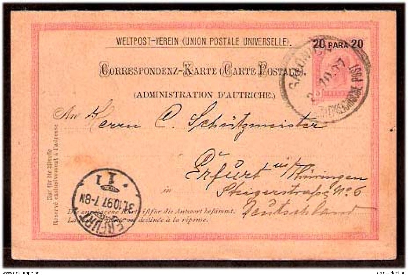 GREECE. 1897. Austrian Levant. Salomique - Germany. 20p Doble Stat Card / Cds SALONICH. - Sonstige & Ohne Zuordnung