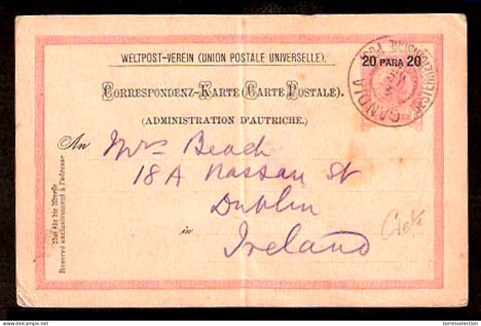 GREECE. 1898. Austrian Levant. Crete - Ireland / 20 Para Stat Card / CANDIA Cds. Unusual Destination. - Sonstige & Ohne Zuordnung