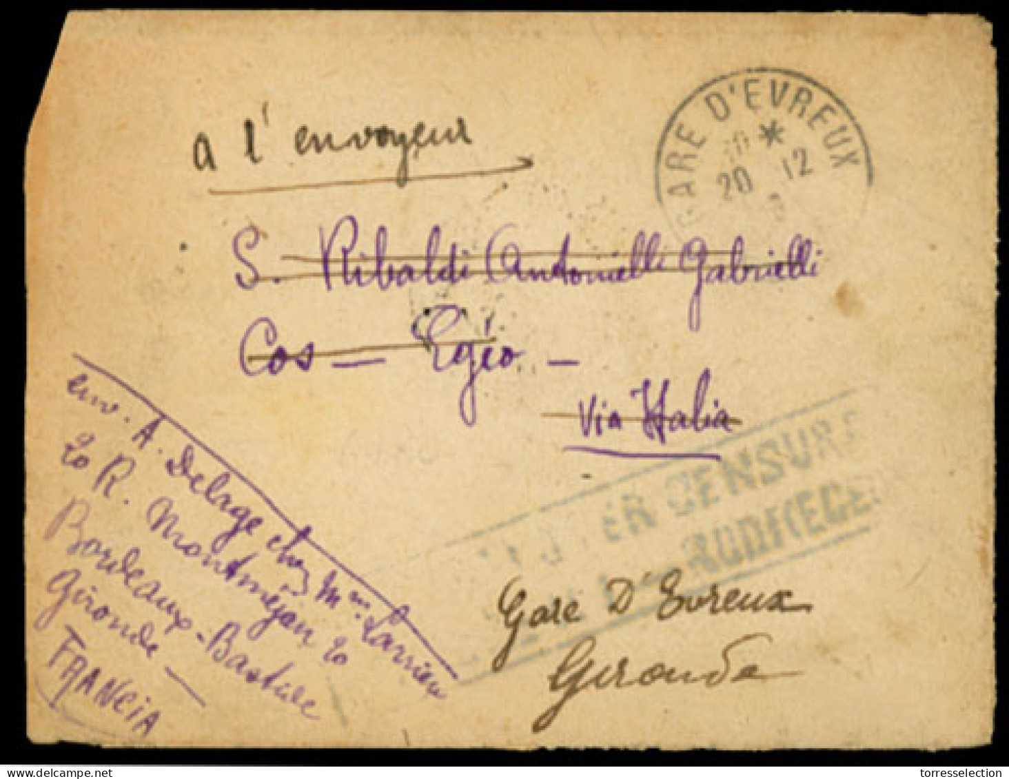GREECE. 1919. W.W. 1. France To Cos/Egeo. F.M. Envelope Returned To France Via Italy, With Blue Box On Front "Ve(rifica) - Sonstige & Ohne Zuordnung