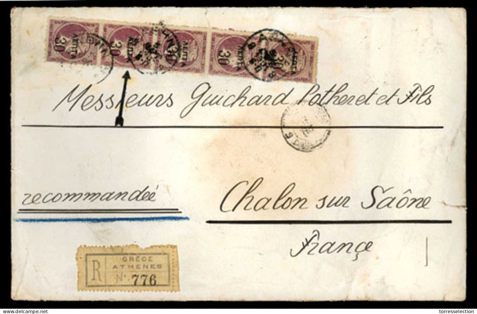 GREECE. 1901 (March). Athens To Chalon Sur Saone (France). Registered Envelope Franked With Vertical Strip Of 5 Large He - Sonstige & Ohne Zuordnung