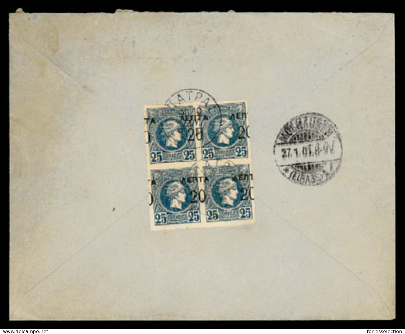 GREECE. 1901 (Jan.). Patras To Mulhouse (Germany). Commercial Envelope Franked On Reverse With Block Of 4 Of 20l On 25l  - Sonstige & Ohne Zuordnung