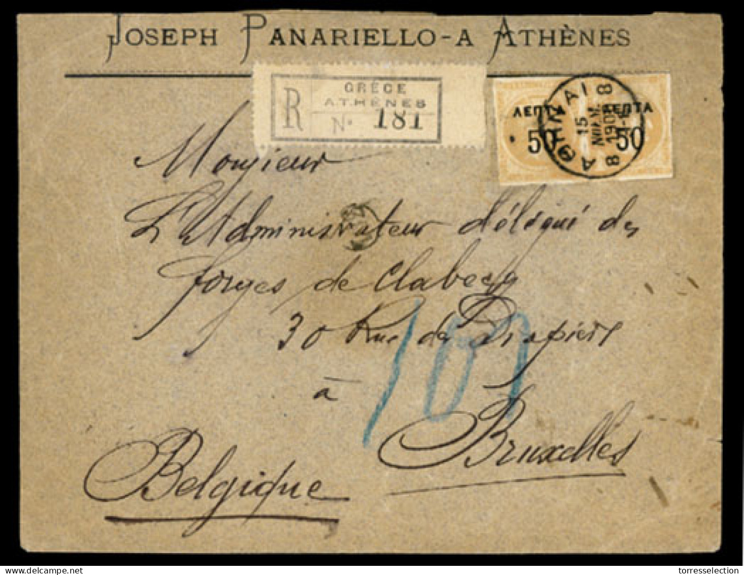 GREECE. 1900 (Nov). Athens To Bruxelles. Registered Commercial Envelope Franked With 2 Stamps 50l. On 40l. Narrow "0" (S - Sonstige & Ohne Zuordnung