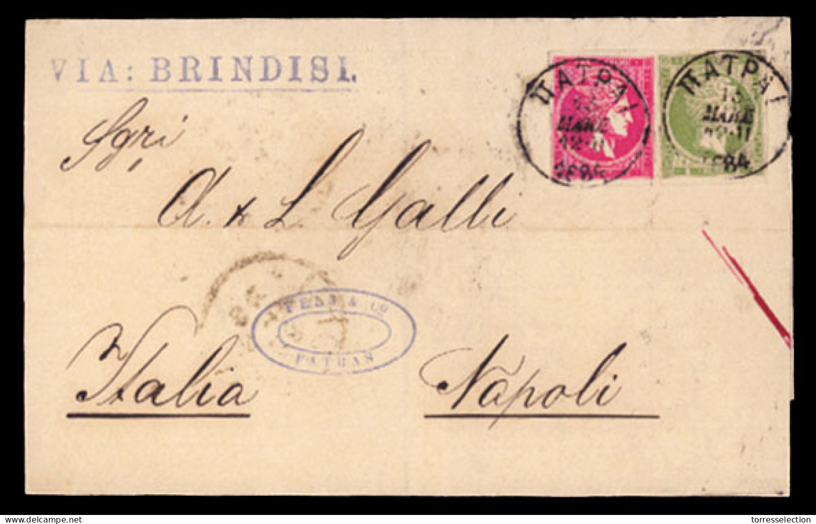 GREECE. 1884. Patras To Napoli (Italy). E. Franked With Large Hermes 5l Green And 20l Rose 1882 Issue Cream Paper (Sc.53 - Sonstige & Ohne Zuordnung