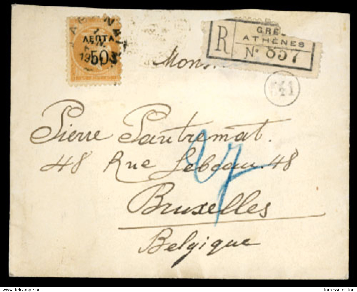 GREECE. 1901 (Jan). Athens To Bruxelles (Belgium). Registered Envelope Franked With 50 On 40l. Perf.. Wide "0" (Sc.143a, - Sonstige & Ohne Zuordnung