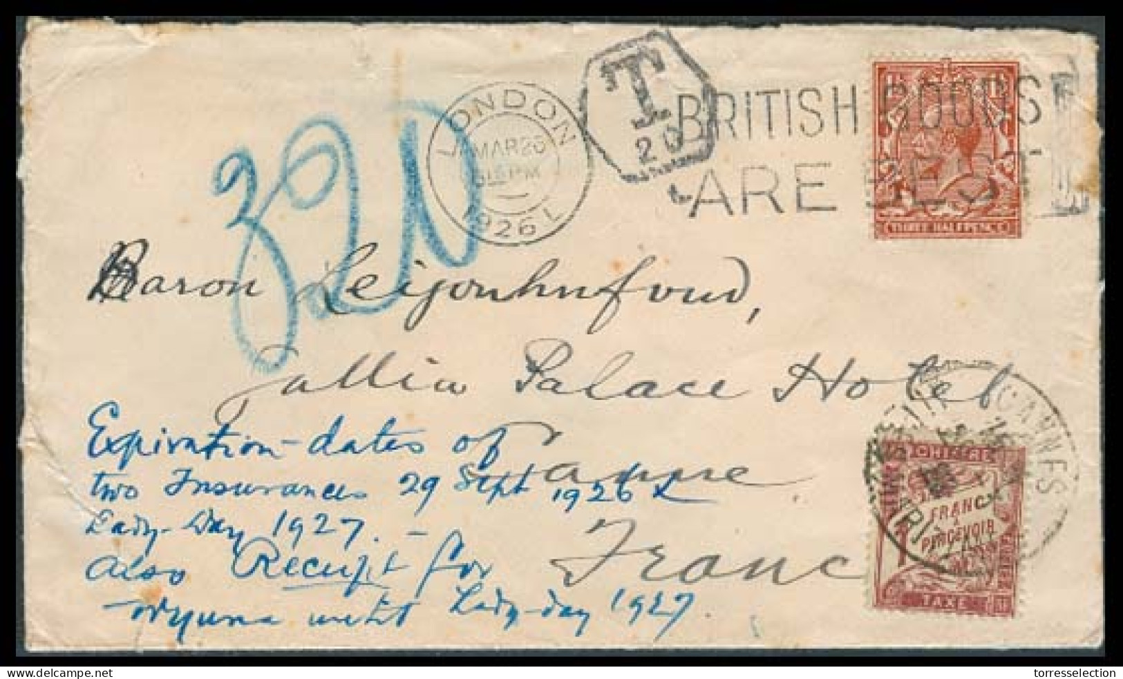 Great Britain - XX. 1926. London - France / Cannes. Buy British Goods. Fkd Env + Taxed + French 1franc P Due / Tied. Fin - ...-1840 Préphilatélie