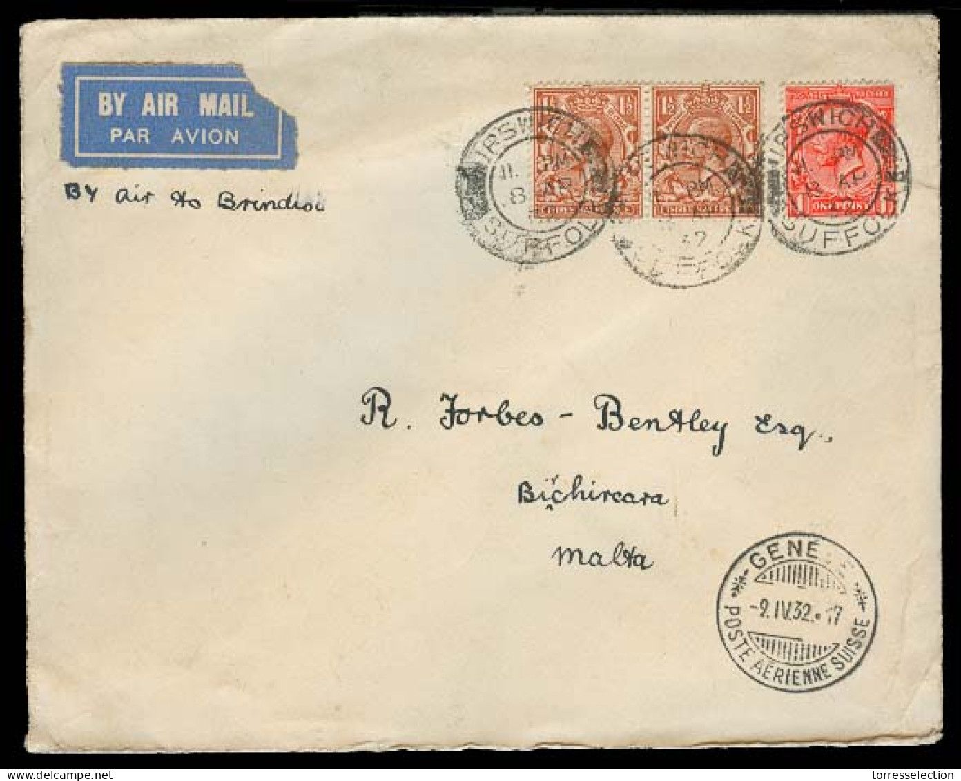 Great Britain - XX. 1932 (8 April). Ipswich - MALTA. Airamil (SWISS) Fkd Env Brindisi, With Geneve Transit (9 April) On  - ...-1840 Prephilately