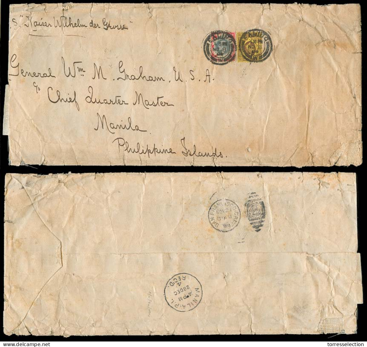 Great Britain - XX. 1904. Ealing - Philippines. Env Fkd 3d + 1sh. Cds Via "Kaiser Der Grosse" / German Line. Via S. Fco  - ...-1840 Vorläufer