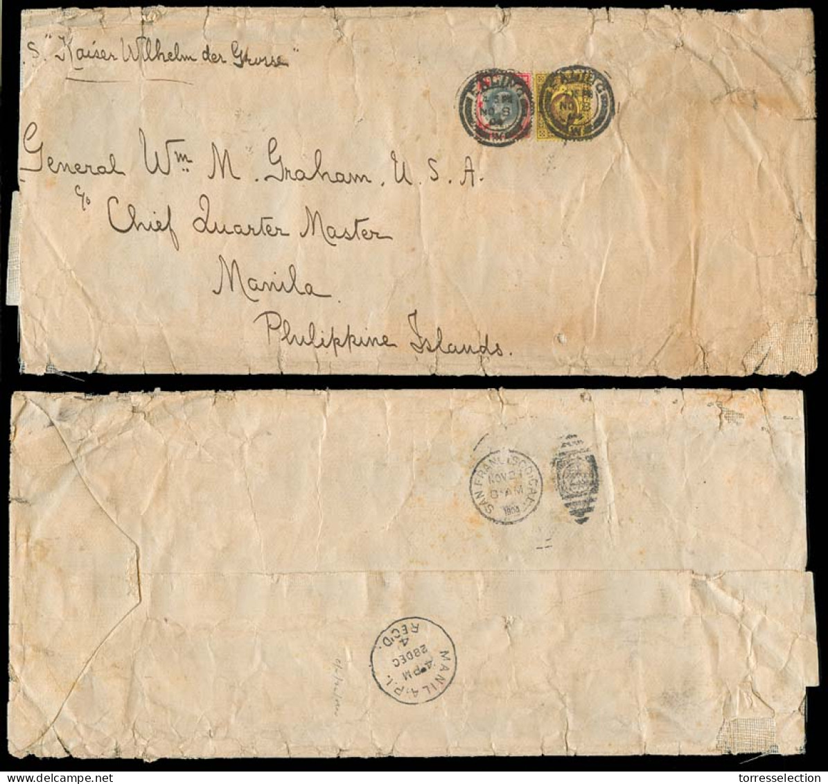 Great Britain - XX. 1904. Ealing - Philippines. Env Fkd 3d + 1sh. Cds Via "Kaiser Der Grosse" / German Line. Via S. Fco  - ...-1840 Voorlopers