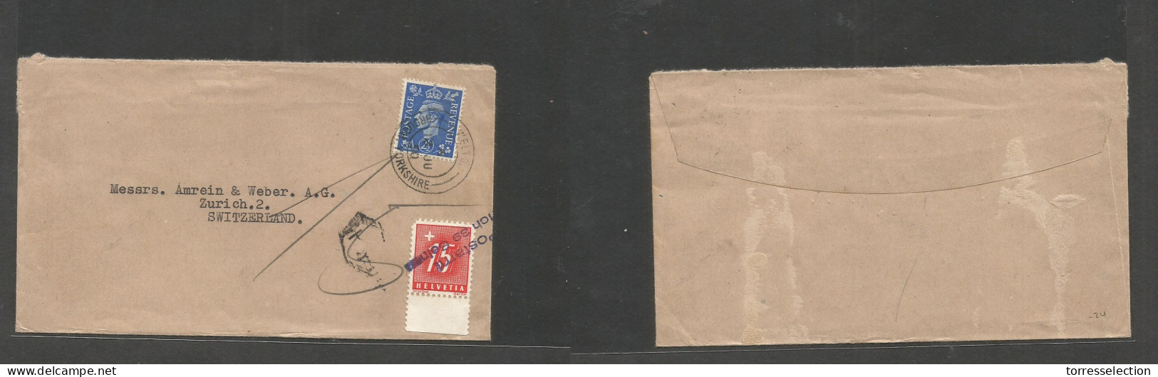 Great Britain - XX. 1950 (13 June) Welts, Yorks - Switzerland, Zurich. 2 1/2d Blue Fkd Env, Taxed + Swiss P. Due, Stline - ...-1840 Vorläufer