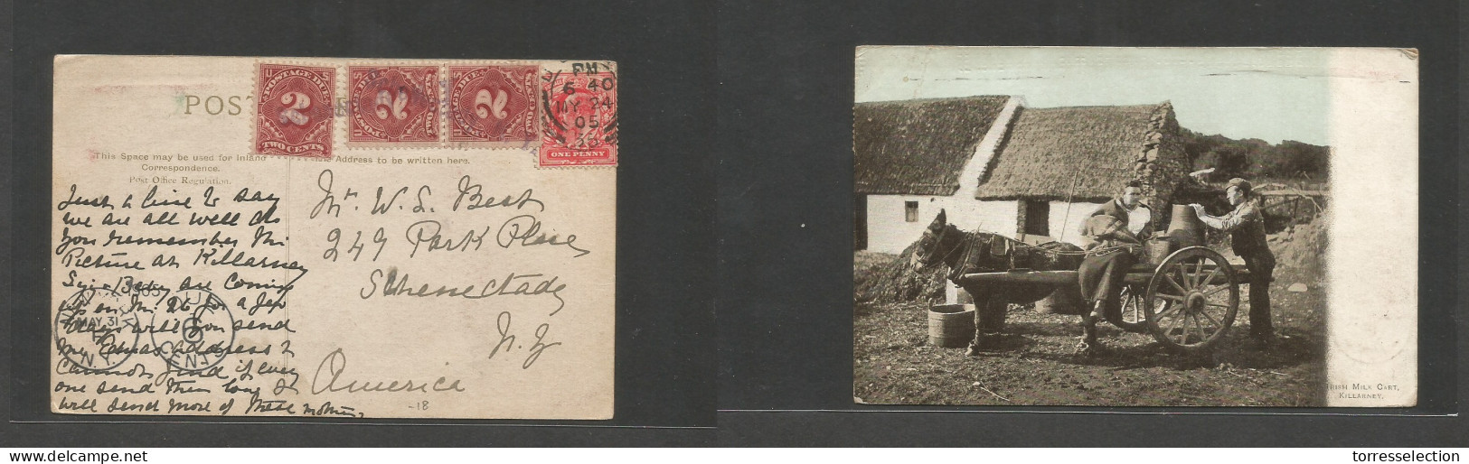 Great Britain - XX. 1905 (24 May) Killarney - USA, NY, Schenectady. Single 1d Red Fkd Photo Ppc, Arrival US P. Dues 2c ( - ...-1840 Préphilatélie