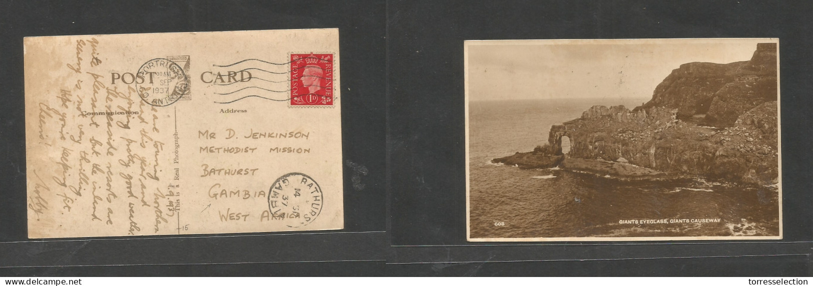 Great Britain - XX. 1937 (1 Sept) Portrush, Country Autrim - Gambia, Bathurt, West Africa (14 Sept) 1d Red Fkd Ppc. Arri - ...-1840 Vorläufer