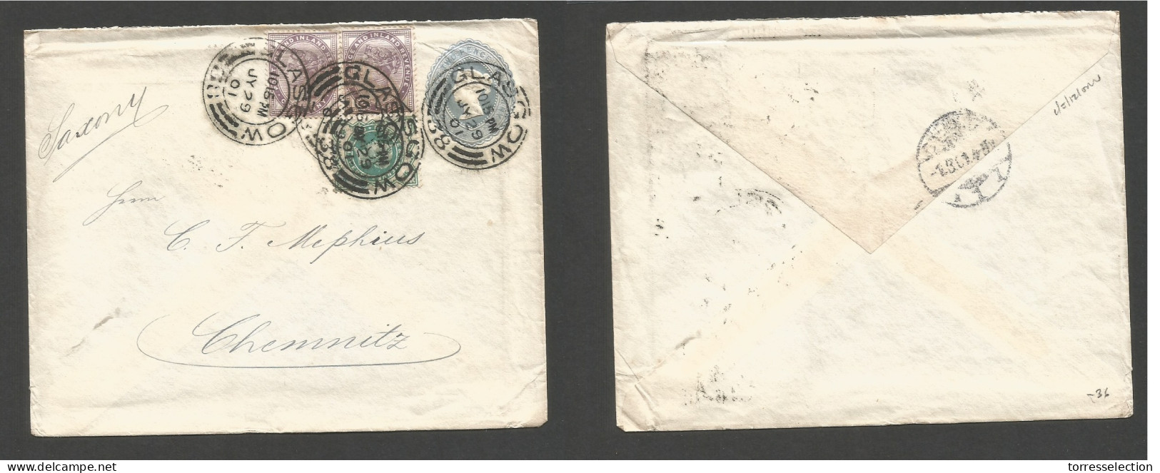 Great Britain - Stationery. 1901 (29 July) Glasgow, Scotland - Germany, Chemnitz, Saxony. 2d Grey Blue Stat Env + 3 Adtl - ...-1840 Precursori