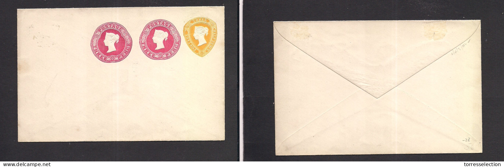 Great Britain - Stationery. C. 1890s Triple QV Mint Print Stat Envelope 3d Red (x2) + 1/2d Yellow. VF. - ...-1840 Vorläufer