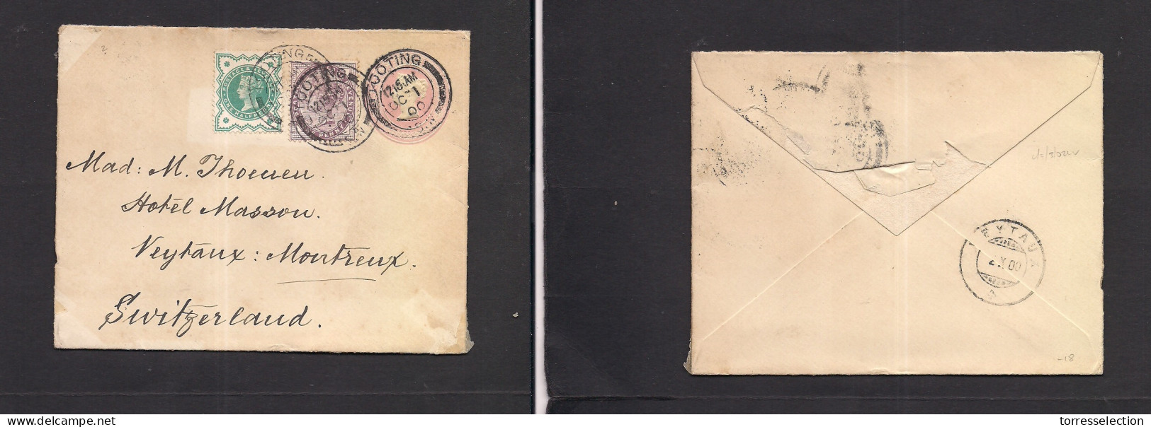 Great Britain - Stationery. 1900 (Oct 1) Tooting - Switzerland, Montreux (2 Oct) 1d Rose Stat Envelope + 2 Adtls At  2 1 - ...-1840 Voorlopers