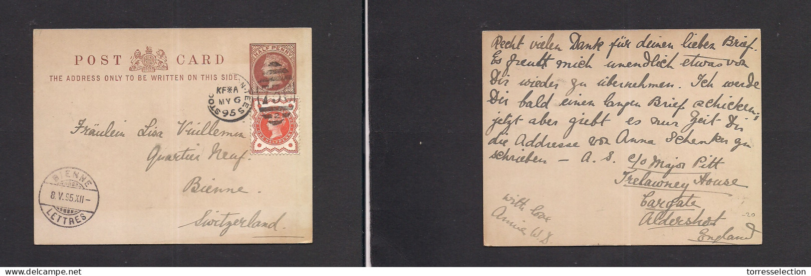 Great Britain - Stationery. 1895 (6 May) Aldershot - Switzerland, Bienne (8 May) Stockport 736 - 1/2d Brown QV Stat Card - ...-1840 Precursores