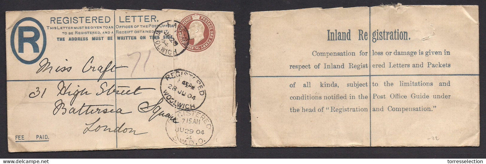Great Britain - Stationery. 1904 (June 28) Woolwich, Hare St - London. Registered 3l Brown Stat Env. Fine. - ...-1840 Precursori