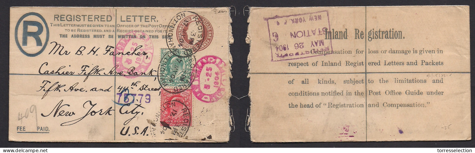 Great Britain - Stationery. 1904 (17 May) Nottingham - USA, NYC (25 May) Registered 3d Brown + 2 Adtls Multifkd Stationa - ...-1840 Vorläufer