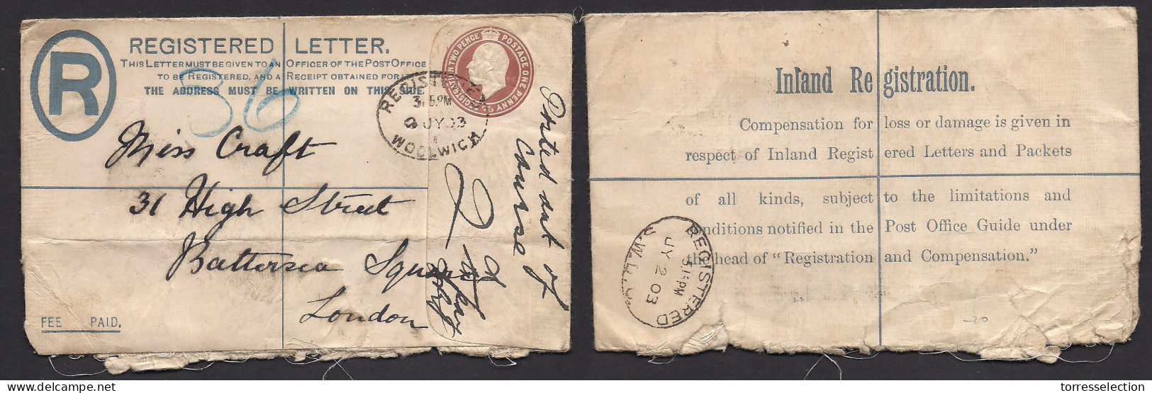 Great Britain - Stationery. 1903 (4 July) Woolwich - London, Battersea. Registered 3d Brown Stat Env. - ...-1840 Prephilately
