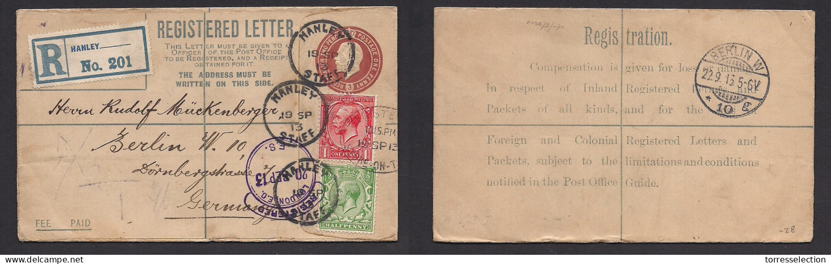 Great Britain - Stationery. 1913 (19 Sept) Hanley, Staffordshire - Germany, Berlin (22 Sept) Registered 3d Brown + 2 Adt - ...-1840 Precursori
