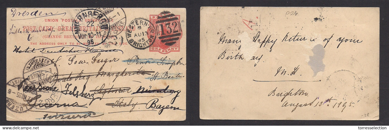 Great Britain - Stationery. 1895 (13 Aug) Brighton, Western Rd - Italy, Fwded Dresden. 1d Red Stat Card, Fine Used, Thre - ...-1840 Vorläufer