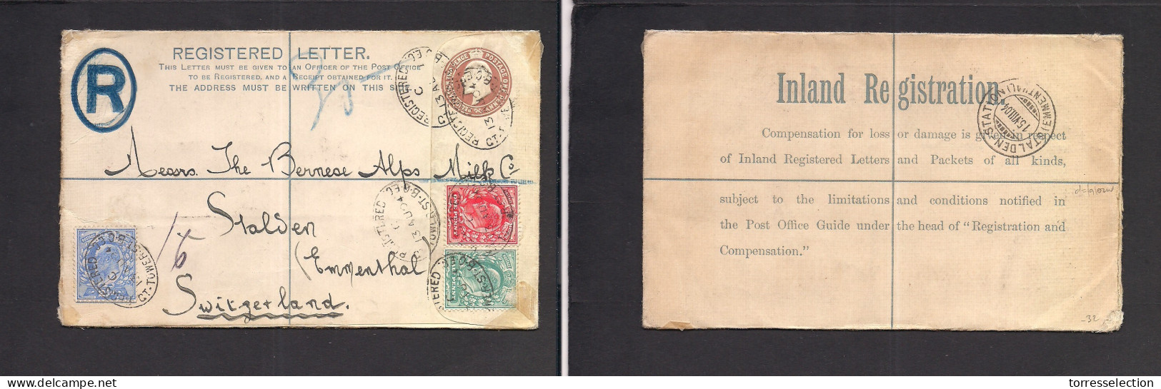 Great Britain - Stationery. 1904 (13 Aug) Towlerst - Switzerland, Halden. Registered Multifkd King Ed XII Stat Env + 3 A - ...-1840 Préphilatélie