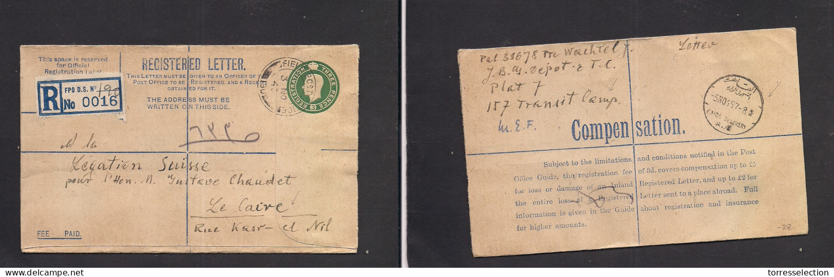 Great Britain - Stationery. 1945 (3 Nov) Egypt, MEF, FPO - Cairo, Egypt (SNN 1945) 3d Green Registered Stat Env. Fine Mi - ...-1840 Vorläufer