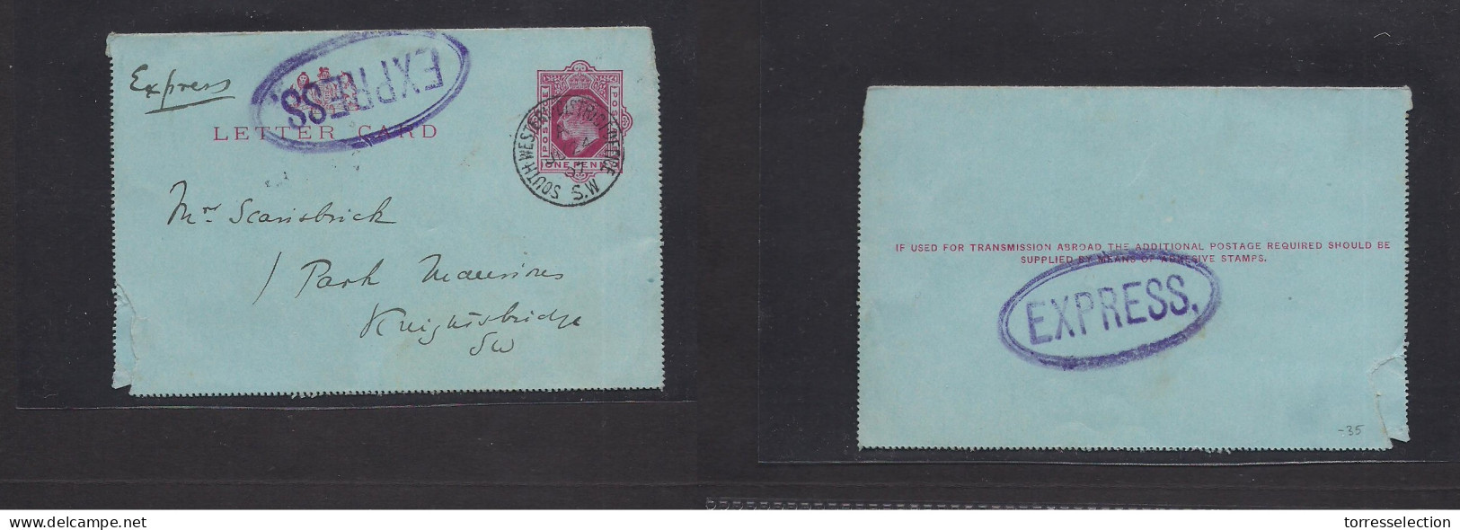 Great Britain - Stationery. 1907 (June 24) SW District - Knightbride. 1d Red / Bluish Stat Lettersheet Env Express Posta - ...-1840 Voorlopers