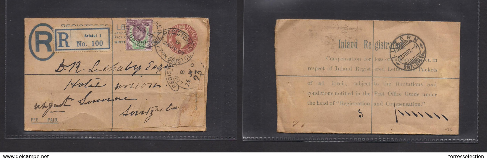 Great Britain - Stationery. 1907 (26 July) Bristol 1 - Switzerland, Luzern (27 July) Registered 2 1/2d Brown Stat Env +  - ...-1840 Vorläufer