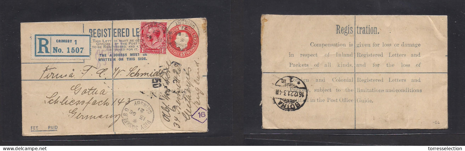 Great Britain - Stationery. 1921 (13 Dec) Grimsby - Germany, Gotha (16 Dec) Registered 2d Red Stat Env + Adtl Cds. Fine. - ...-1840 Prephilately