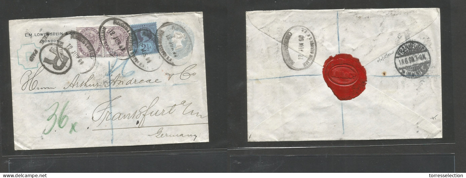 Great Britain - Stationery. 1899 (12 June) Hatton Garden - Germany, Frankfurt (13 June 99) Registered 2 1/2d Grey Stat E - ...-1840 Vorläufer