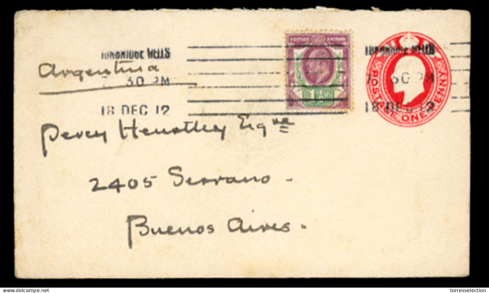 GREAT BRITAIN. 1912. Tunbridge Wells To Argentina.Stat.env. + Adtl. VF. - ...-1840 Prephilately