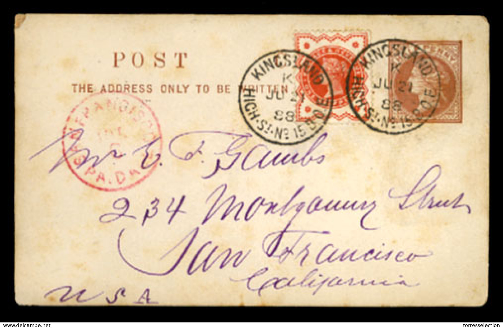 GREAT BRITAIN. 1888. Kingsland To S.Fco./USA. Stat.card + Adtl. VF. - ...-1840 Préphilatélie