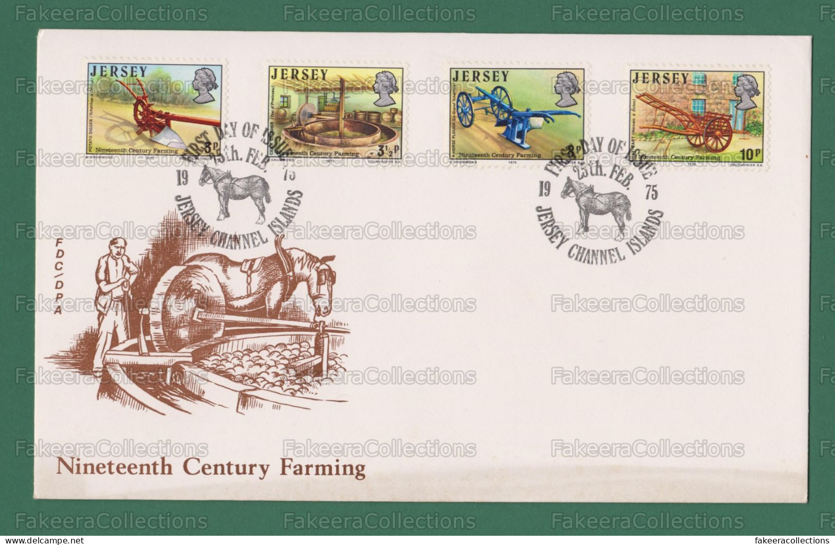 JERSEY 1975 - 19th CENTURY FARMING 4v FDC - Horse, Horses, Farm Tools, Cart, Digger, Crusher, Plough, Carts - Horses