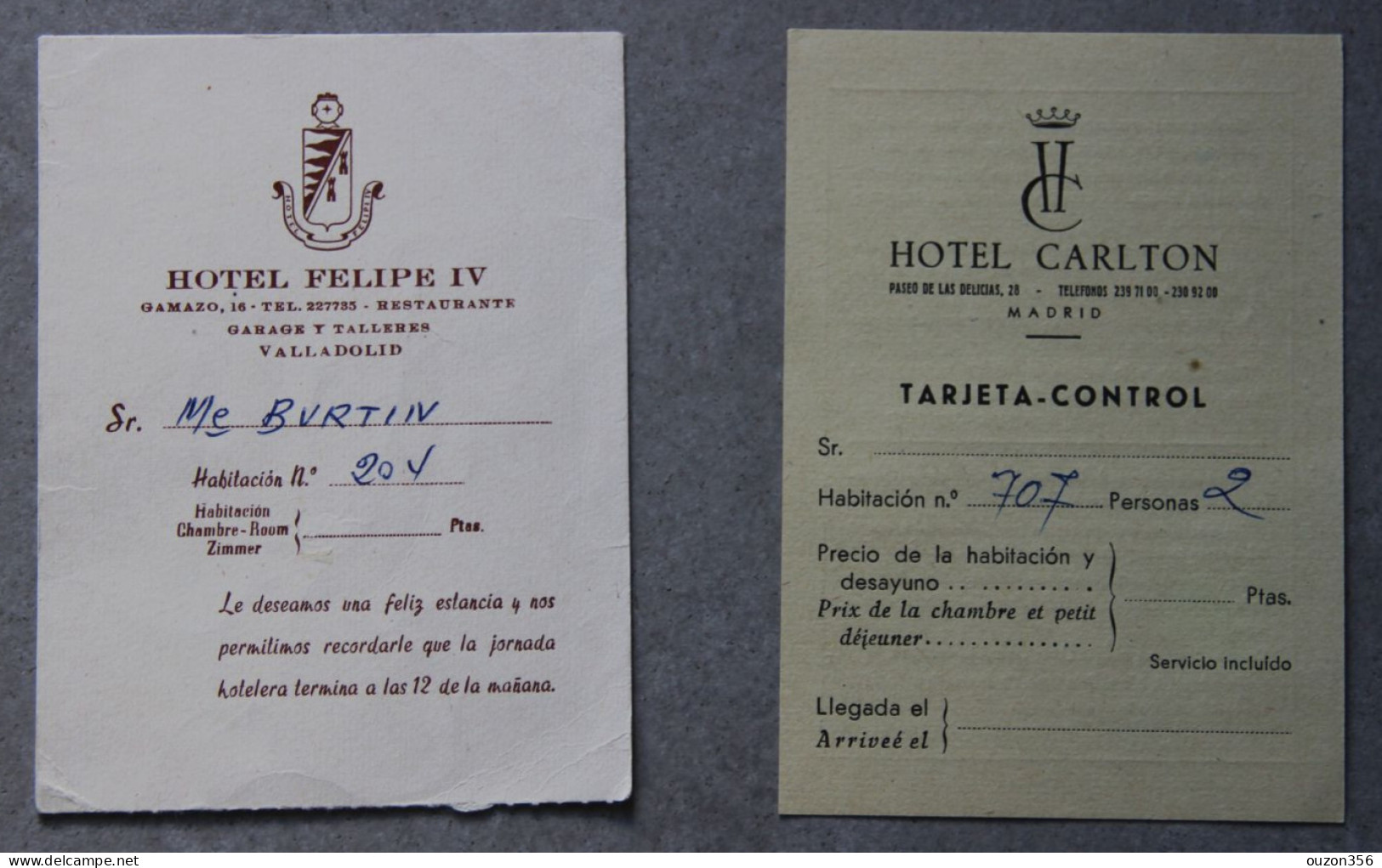 Hôtel Felipe IV à Valladolid Et Hôtel Carlton à Madrid (Espagne), Cartes - España