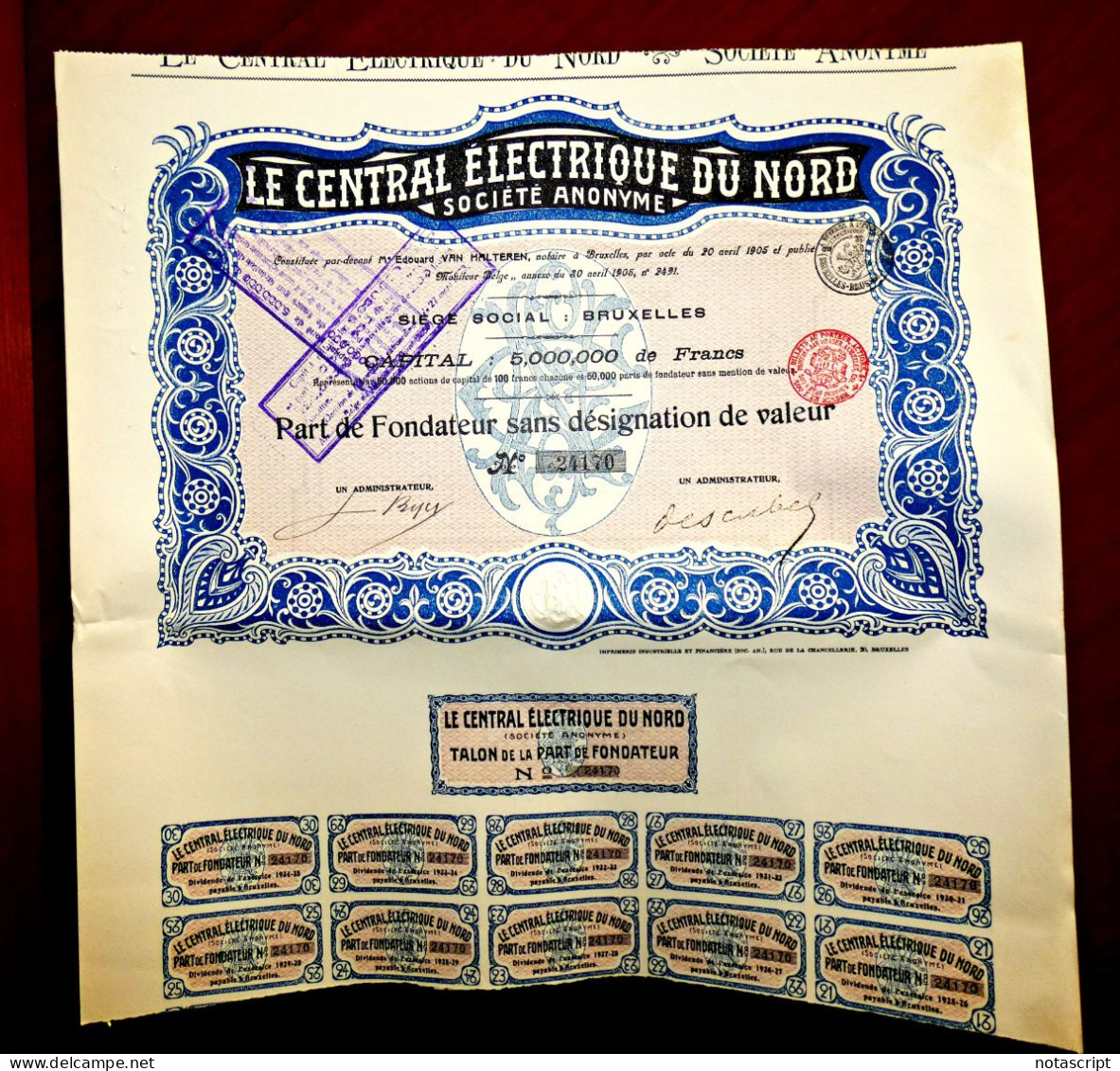 "LE CENTRAL ELECTRIQUE DU NORD SA." Brussels Belgium 1905 Share Certificate - Electricity & Gas