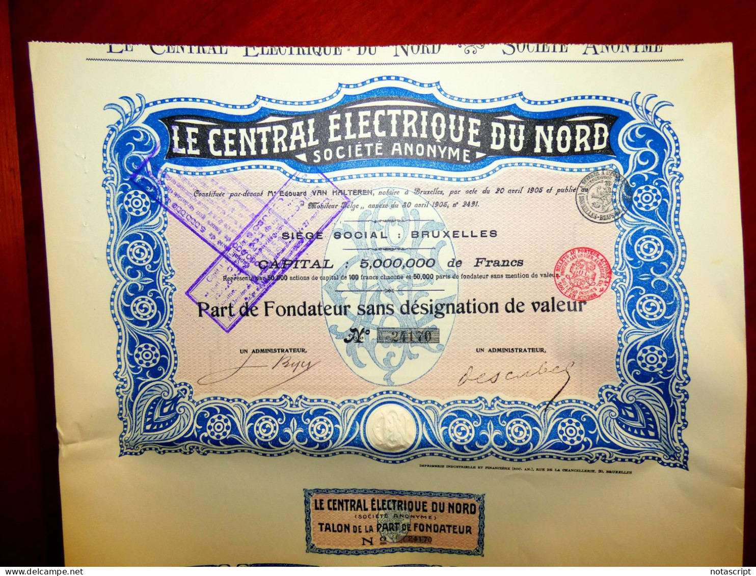 "LE CENTRAL ELECTRIQUE DU NORD SA." Brussels Belgium 1905 Share Certificate - Electricité & Gaz