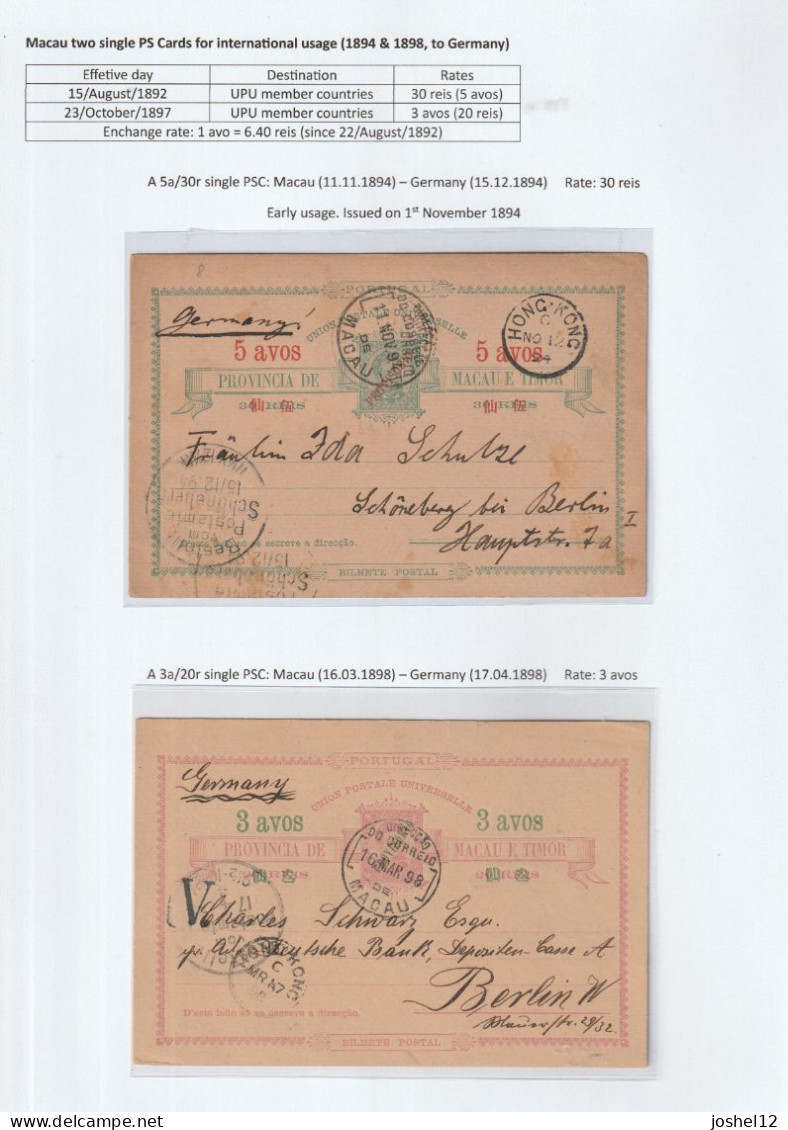 Macau Macao 1894/98 Two Single PSCs Used To Germany W/different Postal Rates - Briefe U. Dokumente