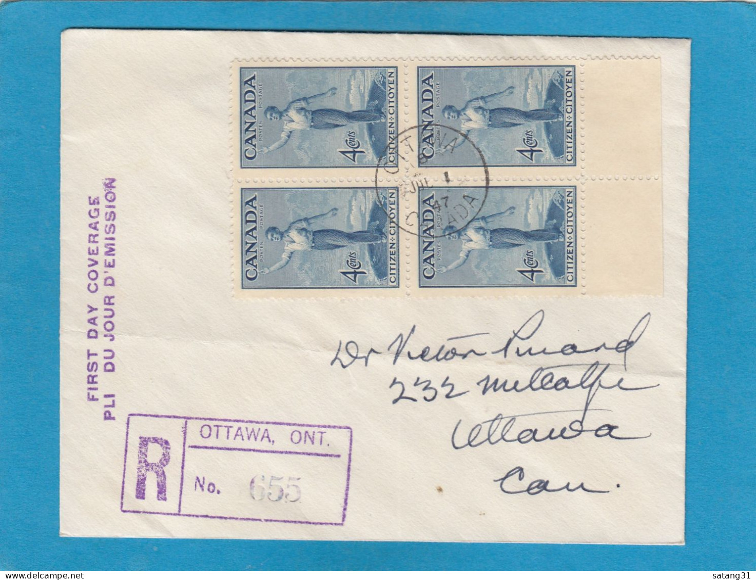 LETTRE RECOMMANDEE D'OTTAWA AVEC BLOC DE 4 DU TIMBRE "CITIZEN/CITOYEN,FDC 1947. - Covers & Documents