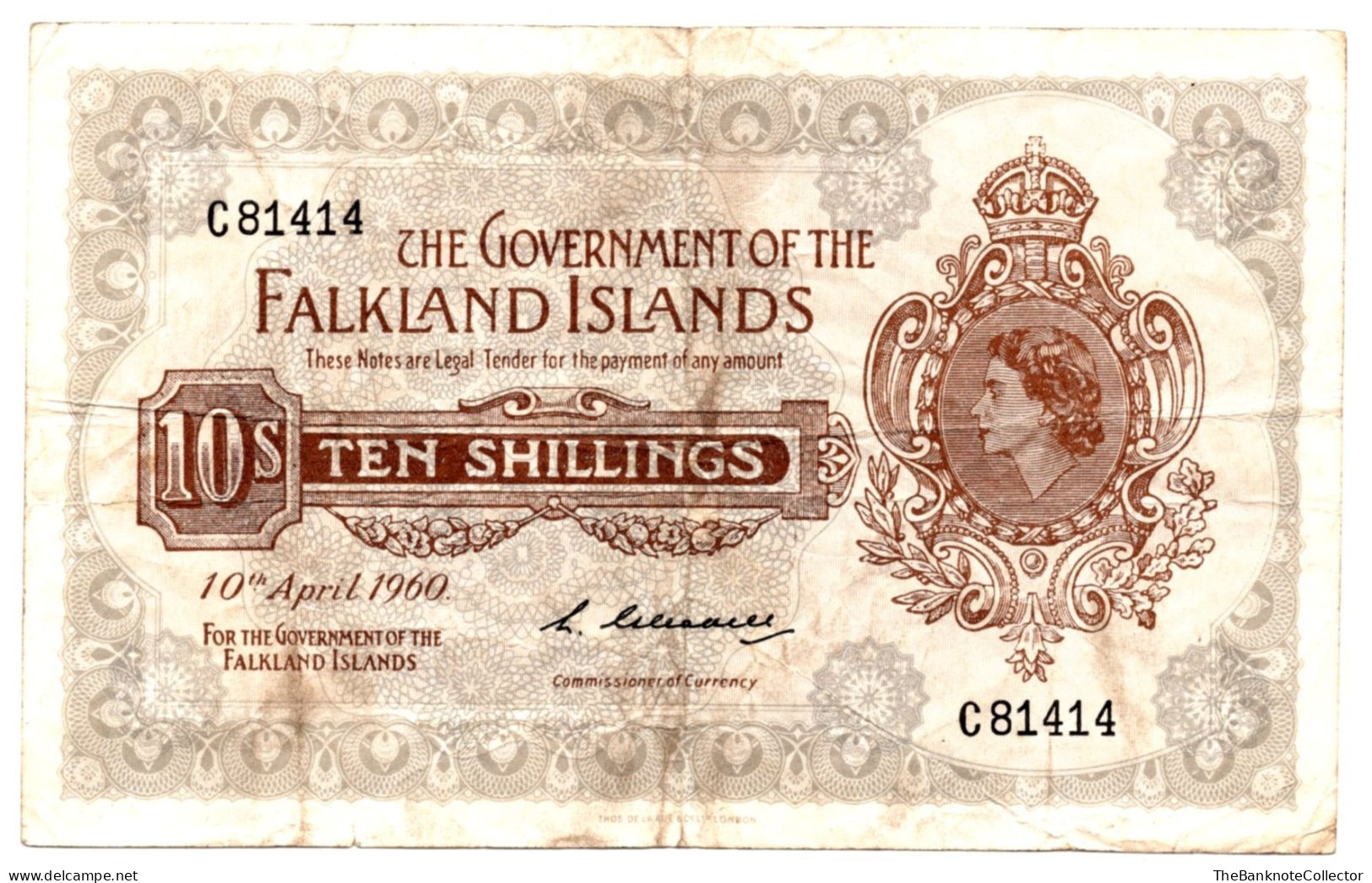 Falkland Islands 10 Shillings 1960 QEII P-7 Very Fine *Scarce* - Falklandeilanden