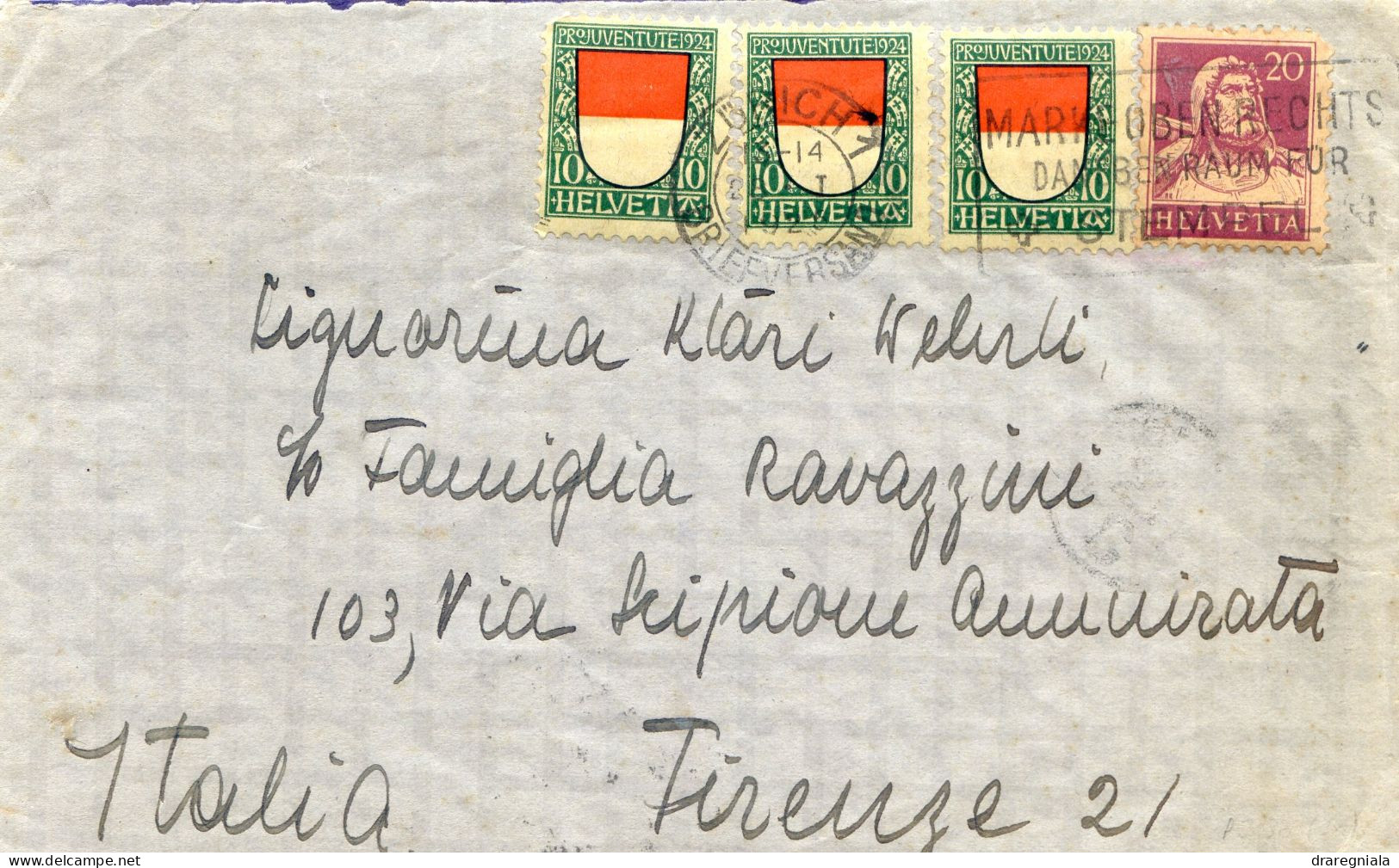 Lettre Avec Cachet Zurich 1 28 I 1925 - Timbre écusson Solothurn Soleure 30 - Buste Tell 154 - Postage Meters