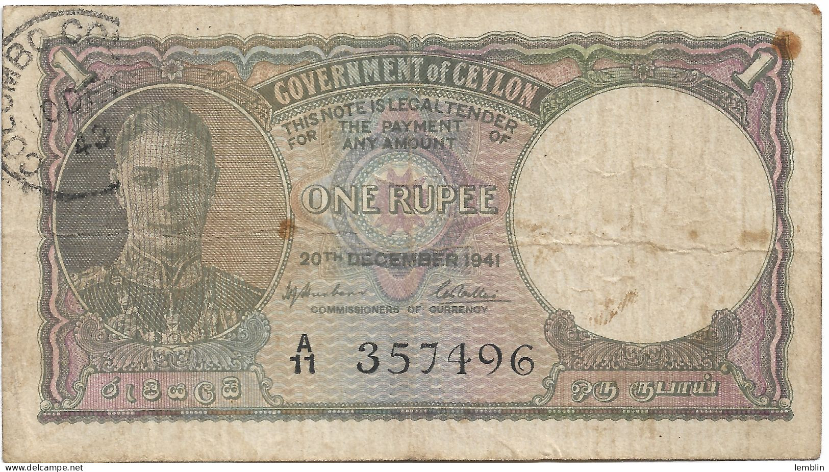 CEYLAN - 1 ROUPIE 1941 GEORGE VI - Sri Lanka