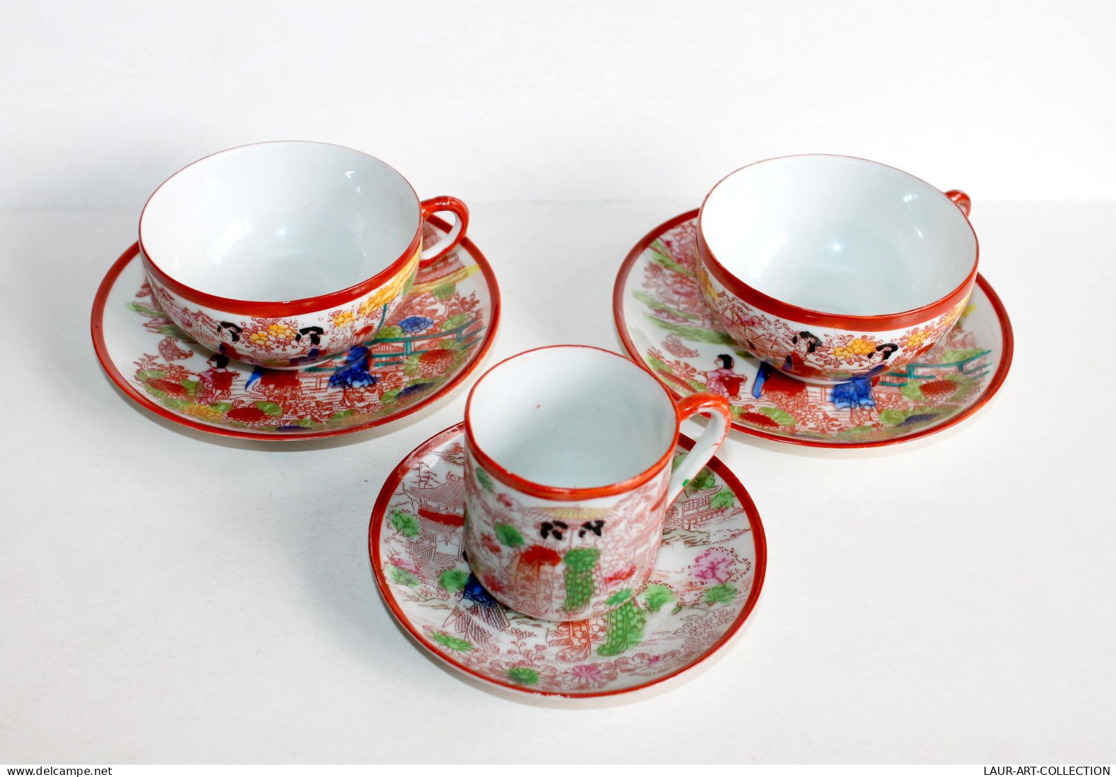 JAPON JOLIE 3 TASSE LITHOPHANIE + SOUCOUPE En PORCELAINE DECOR GEISHA PEINT MAIN / ART DE LA TABLE ASIATIQUE (0603.23) - Asian Art