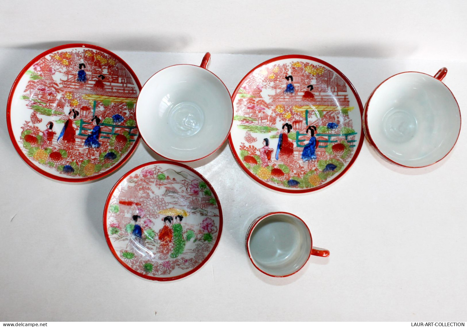 JAPON JOLIE 3 TASSE LITHOPHANIE + SOUCOUPE En PORCELAINE DECOR GEISHA PEINT MAIN / ART DE LA TABLE ASIATIQUE (0603.23) - Asiatische Kunst