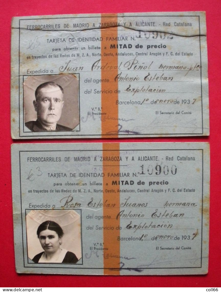 1937 Carte D'Identité Chemin De Fer Ferrocarriles De Madrid à Zaragoza Y Alicante Red Catalana Mitad De Precio - Chemin De Fer